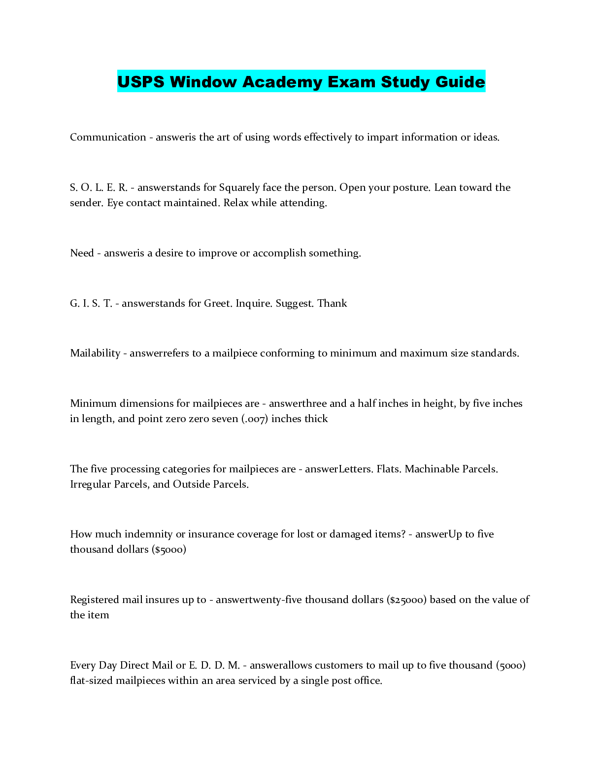 Preview of USPS Window Academy Exam Study Guide